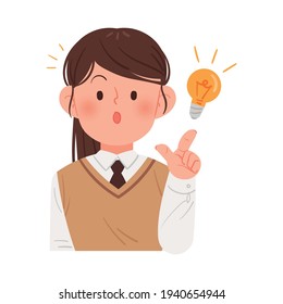 Asian Female Students Come Up With An Idea. Korean Student In School Uniform Vector Illustration.