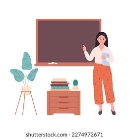 Asian female teacher at classroom near blackboard. Education, lecture and lesson at school. Vector illustration in flat style