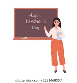 Asian female teacher near blackboard. Happy Teachers Day. Education, lecture, lesson. Vector illustration in flat style