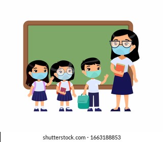 Asian female teacher and pupils  with protective masks on their faces. Boys and girls dressed in school uniform and female teacher. Respiratory protection, allergies concept.