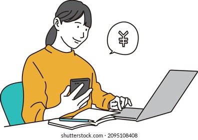 Asian female who earns pocket money on a computer