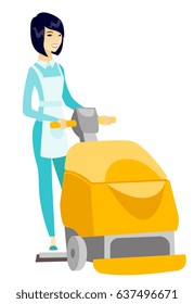 Asian female worker cleaning store floor with machine. Young woman using cleaning machine to clean floor in supermarket. Cleaning service. Vector flat design illustration isolated on white background.