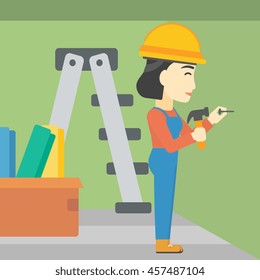 An asian female worker hammering a nail into the wall. Worker in overalls and hard hat nailing with hammer in apartment. Vector flat design illustration. Square layout.