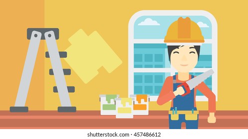 An asian female worker holding a saw in hand. A man in overalls and hard hat with saw in apartment. Vector flat design illustration. Horizontal layout.