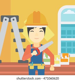An asian female worker holding a saw in hand. A man in overalls and hard hat with saw in apartment. Vector flat design illustration. Square layout.