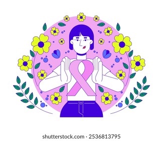 Asian feminist movement of pink ribbon 2D illustration concept. Breast cancer solidarity. Japanese, korean woman femininity cartoon character isolated on white. Metaphor abstract flat vector graphic