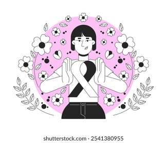 Asian feminist movement of pink ribbon black and white 2D illustration concept. Breast cancer solidarity. Japanese, korean woman femininity outline character isolated. Metaphor monochrome vector art