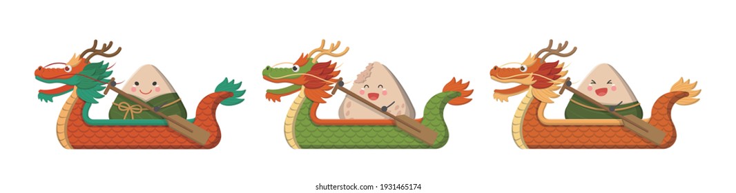 Asian Festival, Dragon Boat And Zongzi Collection Of Dragon Boat Festival, Comic Illustration Vector