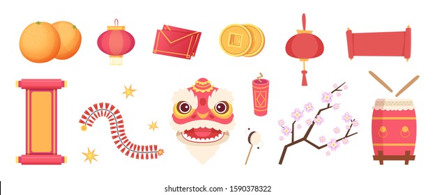 Asian festive elements. Dragon mask, fireworks, drum and scrolls, paper lantern and coins isolated vector set