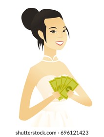Asian fiancee in white dress holding money. Excited young fiancee standing with money in hands. Vector flat design illustration isolated on white background.