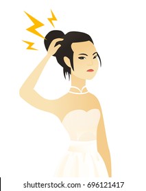 Asian fiancee in a white dress with lightning over her head. Fiancee standing under lightning. Vector flat design illustration isolated on white background.