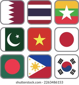 Asian flag icon vector material set,Qatar,Thailand,Myanmar,Pakistan,Vietnam,Japan,Bangladesh,Philippines,Korea