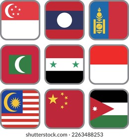 Asian flag icon vector material set,Singapore,Laos,Mongolia,Maldives,Syria,Indonesia,Malaysia,China,Jordan