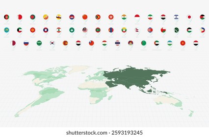 Asian Flags Collection, Blue pin icon design. Minimalist Asian Flags and World Map Representation. Vector Collection.