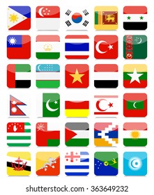 Asian Flags Flat Square Icon Set 2.All elements are separated in editable layers clearly labeled.
