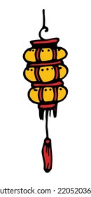 Asian flashlight made of several oval shapes. isolated elements of a Japanese street lamp, consisting of several yellow ovals, with red stripes, with a tassel. black outline for the design template