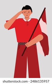 asian flat character salute while carrying a stick containing the Indonesian flag