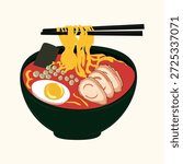 Asian flat vector food, ramen in bowl, flat illustration, chopsticks holding ramen noodle