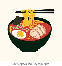Alimento de Vector plano asiático, ramen en tazón, ilustración plana, palillos que sostienen fideos ramen