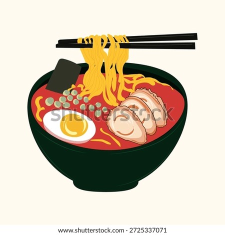 Asian flat vector food, ramen in bowl, flat illustration, chopsticks holding ramen noodle