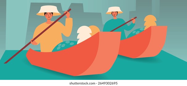 Asian floating market with people on canoe, Flat vector stock illustration as a concept Local Cultural Experiences for sstkTravel