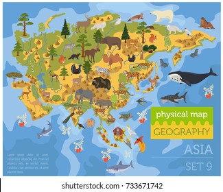 Asian flora and fauna map constructor elements. Build your own geography infographics collection. Vector illustration