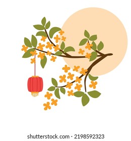 Asian floral branch, chinese lantern, moon. Korean blossom osmanthus fragrans tree. Oriental osmanthus flowers isolated elements. Decorative japanese floral branche card. Vector illustration.