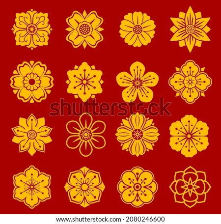 Asian floral chinese, japanese, korean patterns. Oriental geometric flourish vector symbols, isolated flower golden blossoms. Lotus, cherry and chrysanthemum flowers asian graphic decorations set Foto stock © 