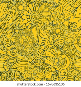 Asian floral doodle seamless pattern. Zentangle yellow fabric texture with blue outline