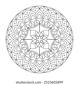 Mandala floral asiática para adultos livro de colorir. Ornamento circular étnico vetorial. Ilustração linear em preto e branco