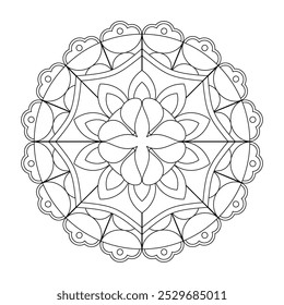 Asian floral mandala for adults coloring book. Vector ethnic circular ornament. Black and white linear illustration