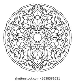 Asian floral mandala for adults coloring book. Vector ethnic circular ornament. Black and white linear illustration