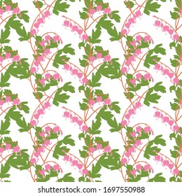 Asian floral pattern background with bleeding heart, heart shaped pink and white flower, lyre flower, heart flower and lady in a bath. Spring flowers background. Great for wallpaper,  textile, gifts.