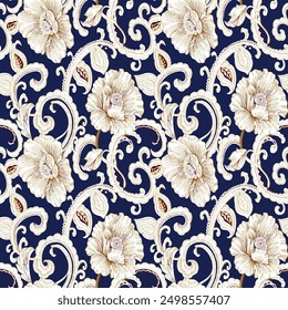 Patrón asiático floral sin fisuras. Fondo de Vector azul real sin fisuras de damasco
