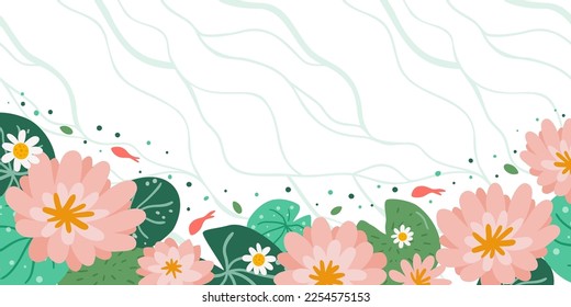 fondo blanco floral asiático con lotos rosados, hojas verdes, bonito pez koi, olas. Dibujo de plantilla de caricatura horizontal al estilo chino. Lotus en ilustración vectorial de estanque.