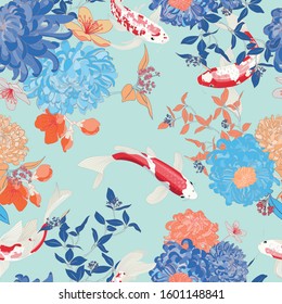 Asian Flower Chrysanthemum Seamless Koi Fish Oriental Textile Vector Pattern