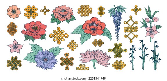 Asian flower doodles set. Asia culture nature symbols. Japanese kimono ornament. Lucky knot. Chinese New Year. Sakura, chrysanthemum, peony flowers. Kimono ornament. 