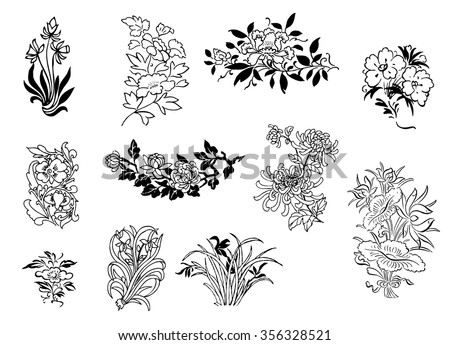 Asian Flower Drawings Stock Vector (Royalty Free) 356328521 - Shutterstock