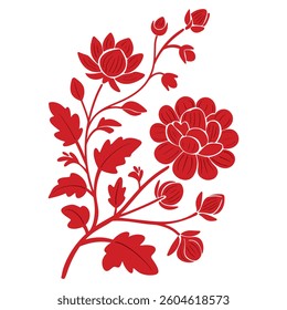 Asian flower simple hand drawn silhouette vector illustration in style of ancient Chinese or Japanese art. Red floral branch with blooms isolated on white background