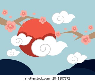 asian flower and sky clouds with sun