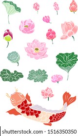 Asian flower for worship Buddhism.Lotus flower vector set and koi fish carp for tattoo style and coloring book on isolated background.
