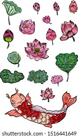 Asian flower for worship Buddhism.Lotus flower vector set and koi fish carp for tattoo style and coloring book on isolated background.