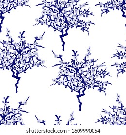 Asian flowering plum trees pattern. Blue and white ceramic background. Chinese porcelain painting. Hand drawing. 
Great for wallpaper, gifts, textile, silk, packaging design.