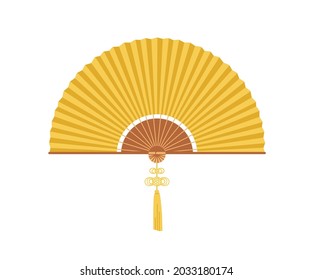 Asian folding hand fan with fringe. Japanese handheld bending paper object. Traditional oriental foldable accessory for air cooling. Flat vector illustration isolated on white background