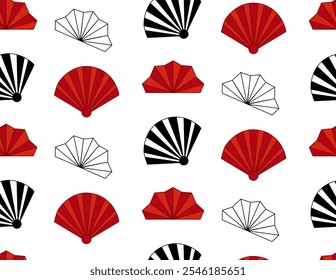 asian folding paper fans seamless pattern vector illustration. Asian hand fan. Traditional fan red and black and white on transparent background, paper folding pattern of fans
