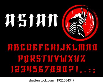 Asian font of English letters and numbers. Vector abc type or typeface in Japanese, Chinese and Korean oriental styles, calligraphy poster of uppercase characters and digits with samurai warrior