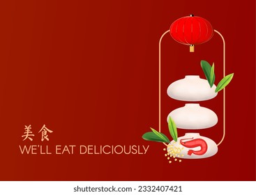 Asian food 3D concept. Steamed Buns with chopsticks and cherry blossom on dark background. Traditional Chinese cuisine