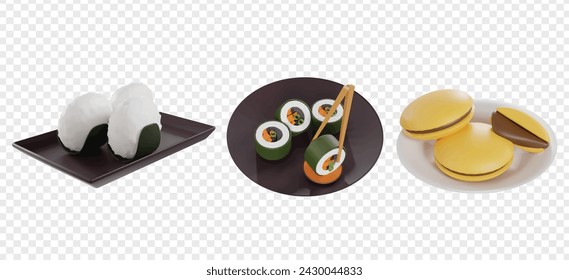 Iconos 3d de comida asiática representan clipart para UI UX Sitio web Banner