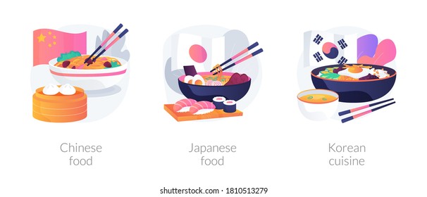 Conjunto de ilustraciones vectoriales del concepto abstracto de comida asiática. comida china y japonesa, cocina coreana, restaurante de comida para llevar, dim sum, comida para llevar de sushi, mercado gourmet, carta oriental con metáfora abstracta.