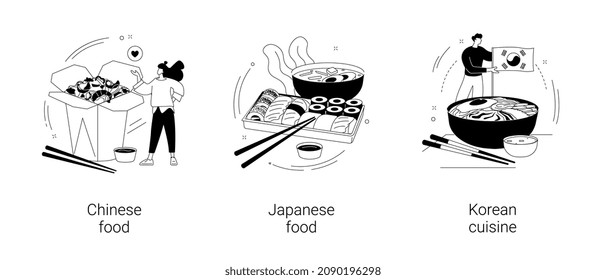 Asian food abstract concept vector illustration set. Chinese and Japanese food, Korean cuisine, oriental restaurant menu, asian spice, sushi takeout, dim sum, chopsticks eating abstract metaphor.